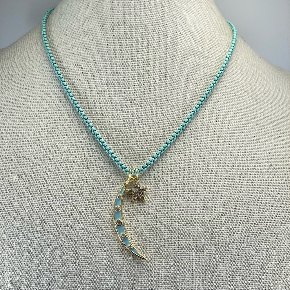 Melania Clara Color Block Necklace Pale Aqua Moon Box Chain Gold Tone Rhinestone